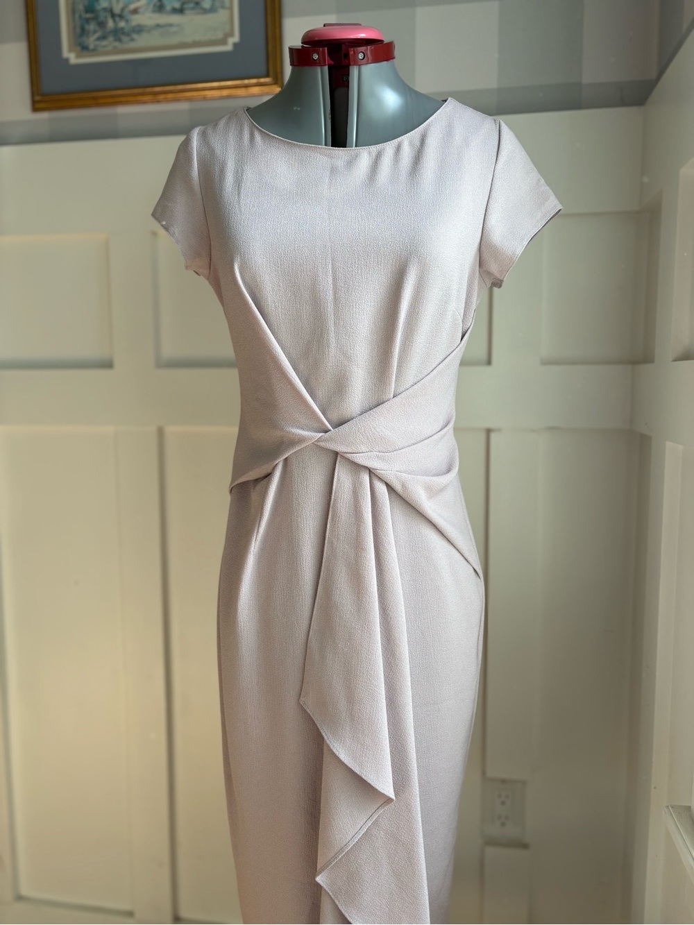 Luxe Pale Pink Midi Dress with Draped Twist Front Size 10